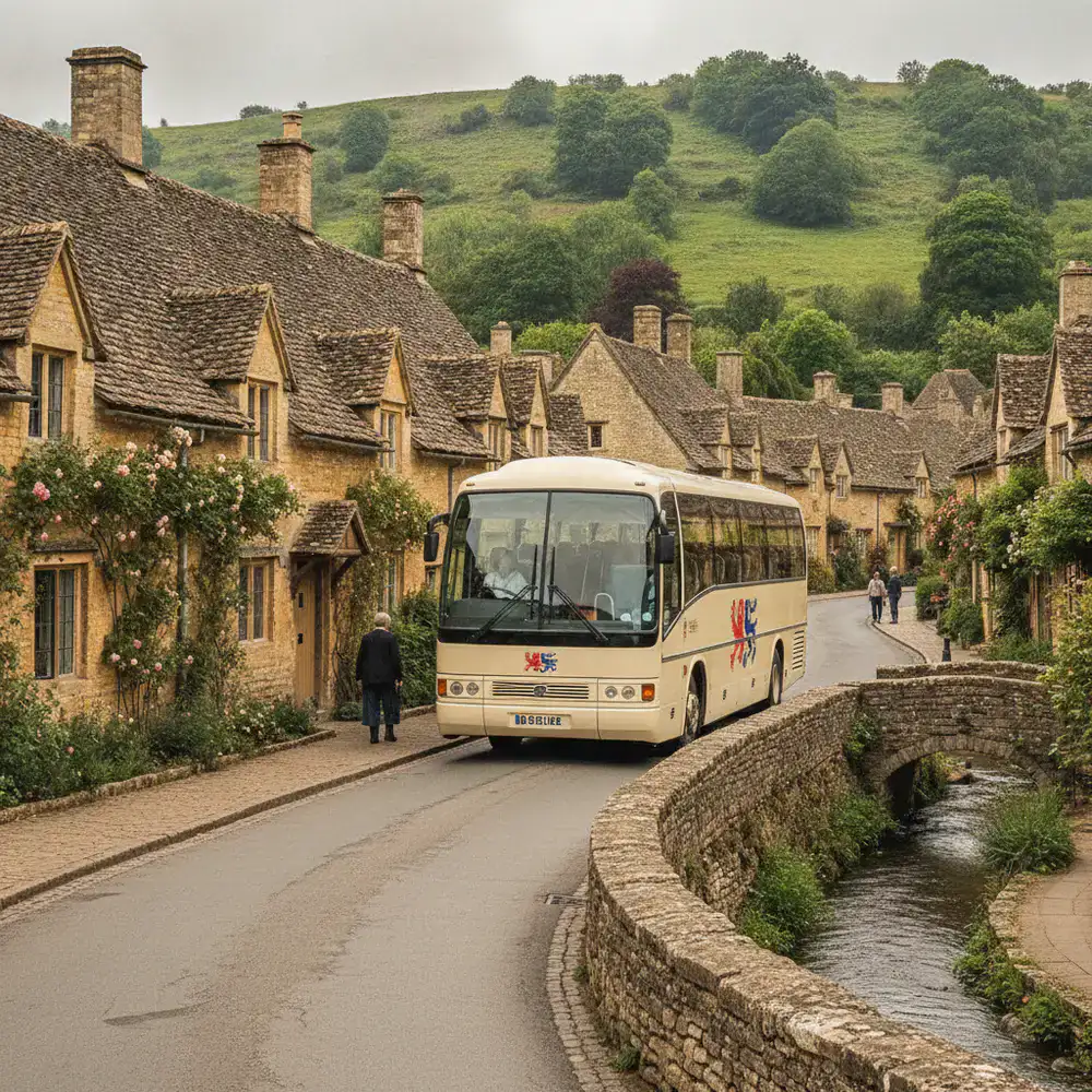 EnglishRoads Tours coach traveling through a scenic Cotswolds village