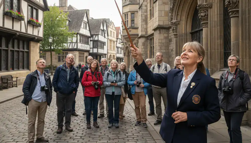 EnglishRoads tour guide pointing out architectural details to a group